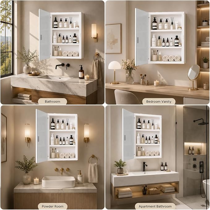 16x20 Plastic Medicine Cabinet with Mirror, Recessed or Surface Mount | 2 adjustable shelves, beveled mirror, soft-close reversible door, 95% assembled; cutout 13.8"W x 17.9"H x 3"D