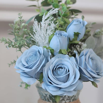 14.5"Faux Flowers with Vase,Artificial Silk Roses in Vase(Dusty Blue) | Realistic Fake Plant Faux Eucalyptus,Flower Arrangement for Home Office Farmhouse Bathroom Dining Table Centerpiece Decor