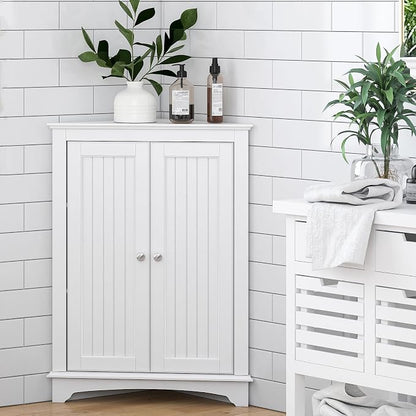 Spirich Corner Bathroom Cabinet with Doors and Adjustable Shelf, White | 2 Beadboard Doors, Adjustable Shelf, Space-Saving Triangular Design for Bathrooms, Kitchens, Living Rooms, and Entryways