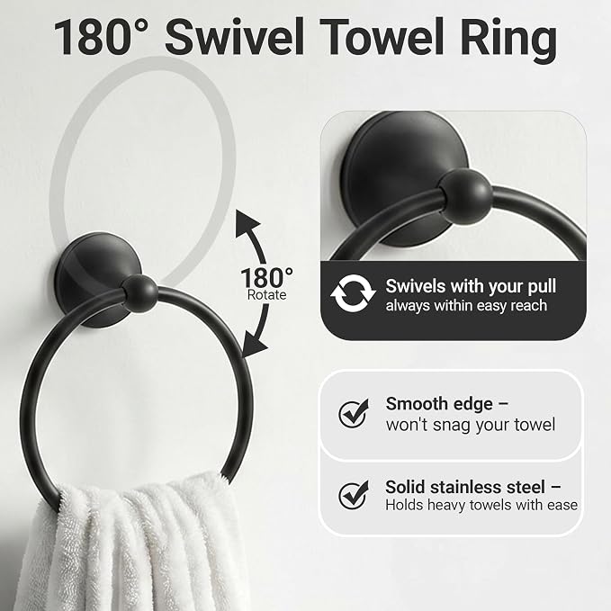 24-Inch Wall Mounted Towel Racks for Bathroom – Space Saver 4-Piece Durable Stainless Steel Bathroom Hardware Set with Towel Bar, Towel Ring, Toilet Paper Holder & Hook, Matte Black