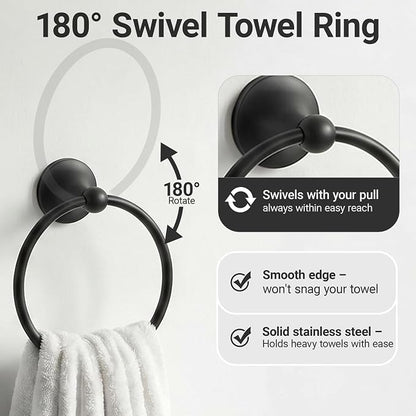 24-Inch Wall Mounted Towel Racks for Bathroom – Space Saver 4-Piece Durable Stainless Steel Bathroom Hardware Set with Towel Bar, Towel Ring, Toilet Paper Holder & Hook, Matte Black
