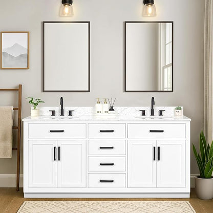 72-inch White Bathroom Vanity with 2 Sinks, Solid Wood, 0.79-inch Stone Countertop and Backsplash, 6 Drawers, 2 Soft Closing Doors