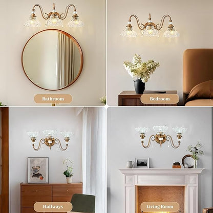 Vintage Bathroom Vanity Light, 3-Light Matte Antique Brass Finish Wall Sconce with Hanging Crystal Accents and Flower-Shaped Clear Glass Shades, Retro Wall Mount Vanity Light Over Mirror for Bathroom