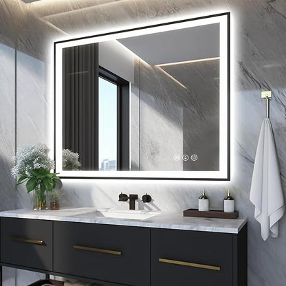 EchosLife 40x32 LED Bathroom Mirrors for Wall - Black Aluminum Framed | Black Frame, Front and Backlit, Anti-Fog, Stepless Dimmable, 3 Colors, Memory, Tempered Glass, UL Listed, Horizontal/Vertical