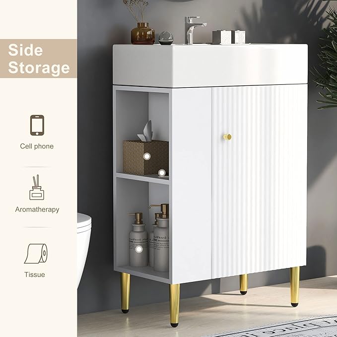 21.6 in Small Bathroom Vanity with Sink,Doors and Storage Shelves,Wood Modern Single Fluted Bathroom Sink Cabinet Freestanding (White,Left Shelf)