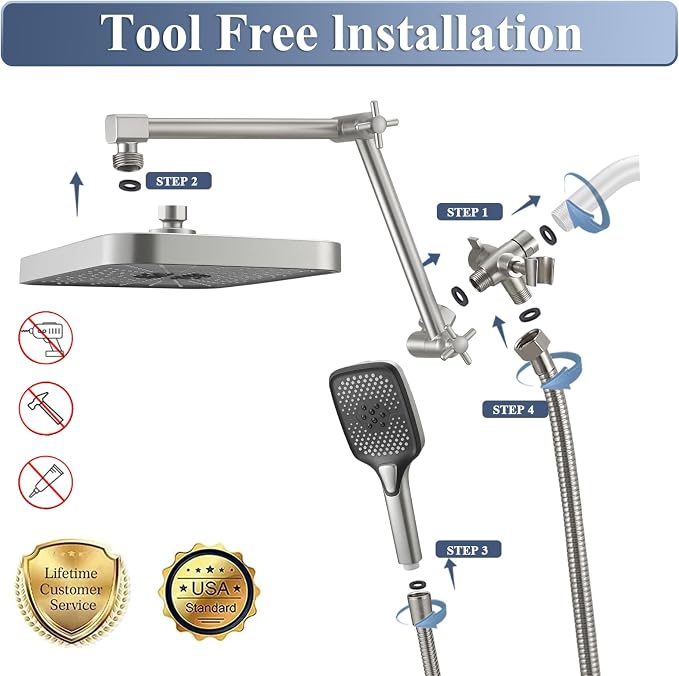 Jcrob High Pressure Wide Rain Shower Head with Handheld Spray Combo, 14 Inch Rainfall Shower Heads with Adjustable Extention Arm, Dual Waterfall Showerhead with 3-Way Diverter(Brushed Nickel)