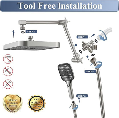 Jcrob High Pressure Wide Rain Shower Head with Handheld Spray Combo, 14 Inch Rainfall Shower Heads with Adjustable Extention Arm, Dual Waterfall Showerhead with 3-Way Diverter(Brushed Nickel)