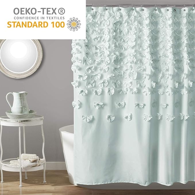 Lush Decor Lucia Shower Curtain 72" W x 72" L, Blue - Bathroom Curtain - Coquette Decor - Flower Shower Curtains - Blue Fabric Shower Curtains