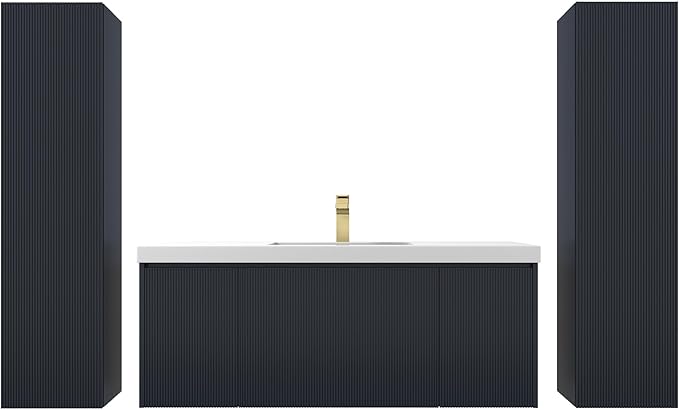 Blossom 48 Inch Bathroom Vanity with Sink and 2 Side Cabinets, All Wood Wall Mounted Floating Bathroom Vanity Cabinet with Acrylic Sink, Soft-Close Drawers, Bathroom Vanities, Night Blue