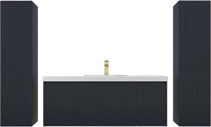 Blossom 48 Inch Bathroom Vanity with Sink and 2 Side Cabinets, All Wood Wall Mounted Floating Bathroom Vanity Cabinet with Acrylic Sink, Soft-Close Drawers, Bathroom Vanities, Night Blue