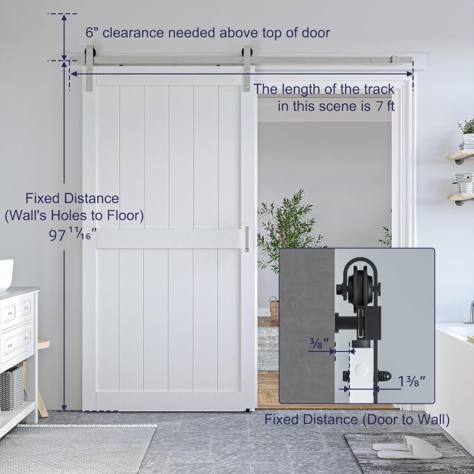 SMARTSTANDARD 42" x 96" White Sliding Barn Door with 7FT Silver Hardware | Pre-Drilled Ready to Assemble, Waterproof PVC Coating, H-Frame