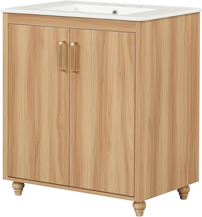 LUMISOL 30" Bathroom Vanity with Sink, Small Single Bathroom Vanity with Drawer and Soft-Close Doors, Storage Racks, Wooden Freestanding Bathroom Cabinet with Ceramic Sink, Natural
