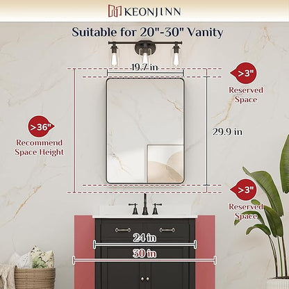 Keonjinn Black Bathroom Mirror, 20 x 30 Inch Rounded Rectangle Bathroom Mirrors for Over Sink Sandblasted Finish, Matte Black Farmhouse Vanity Mirror for Wall with Seamless Frame and HD Tempered Glass
