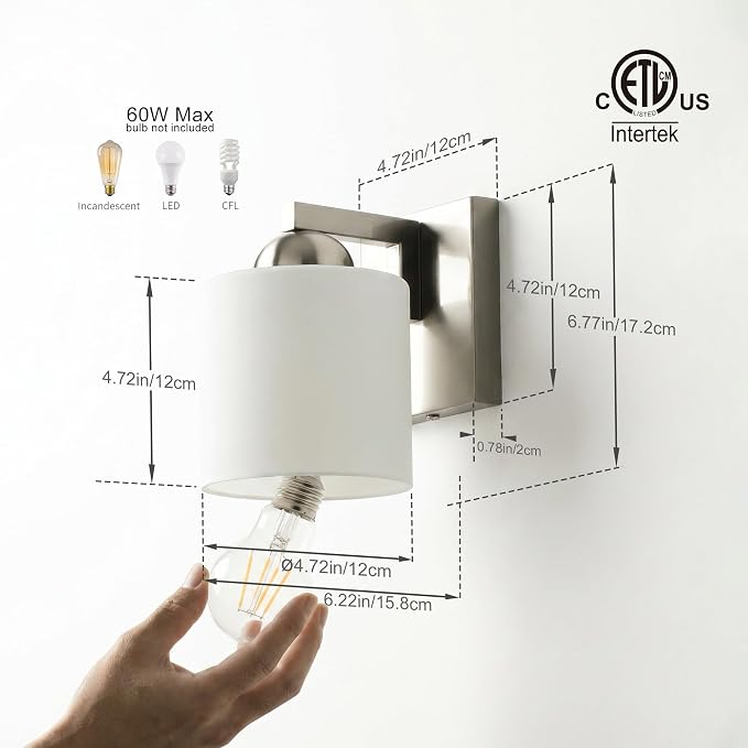 mirrea 1-Light Brushed Nickel Bathroom Vanity Light with White Glass Shade | Over Mirror,Wall Sconce,ETL listed,Bathroom Lighting Fixtures,Elegant Design,Milk White Glass Shade,Easy Installation