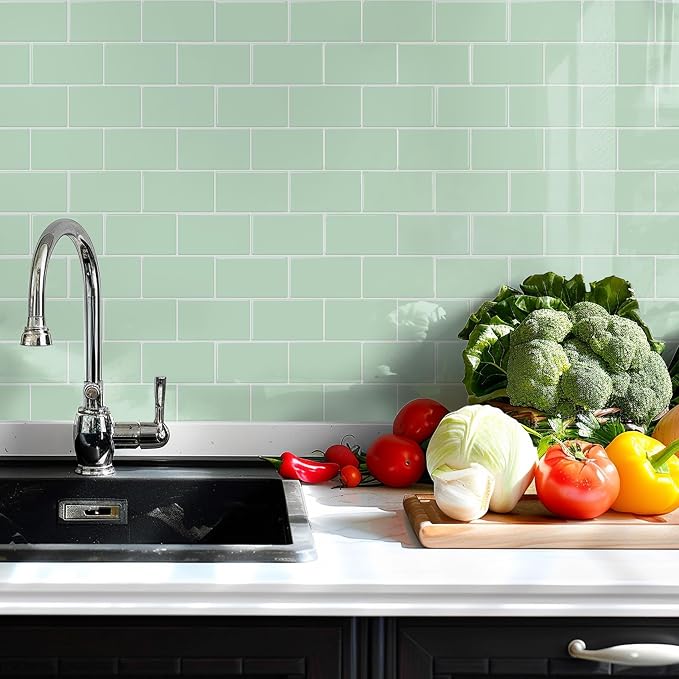 STICKGOO Subway Tile Peel and Stick Backsplash, Thicker Design 12" x 12" Stick on Backsplash Tiles for Kitchen, Bathroom, Wall Tile (10 Sheets, Light Green)
