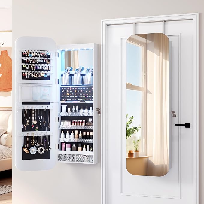 Vlsrka 47.2" Wall/Door Mounted Jewelry Cabinet Organizer Armoire W/Mirror | 6 LEDs, Over The Door Hanging Jewelry Organizer with Rounded Corner Mirror, Lockable Full Length Mirror with Storage,White
