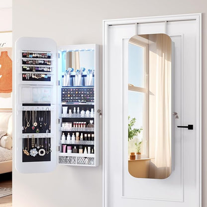 Vlsrka 47.2" Wall/Door Mounted Jewelry Cabinet Organizer Armoire W/Mirror | 6 LEDs, Over The Door Hanging Jewelry Organizer with Rounded Corner Mirror, Lockable Full Length Mirror with Storage,White
