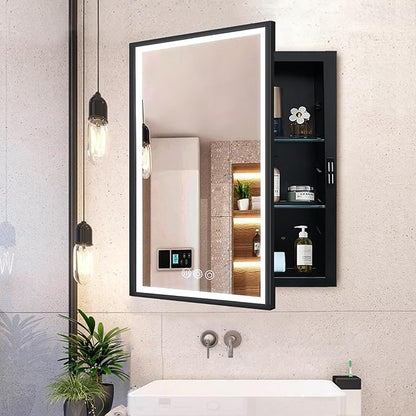 LED Lighted Medicine Cabinet with Mirror, Recessed or Wall Mounted Bathroom Mirror with Storage, Anti-Fog, 3-Color Dimming, Adjustable Shelves, Black Metal Frame - 16x24 inch