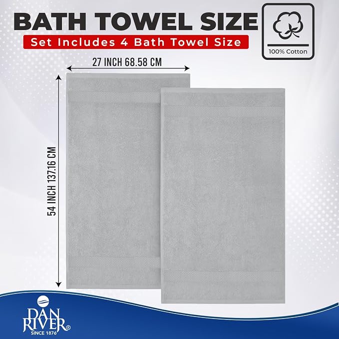 DAN RIVER 600 GSM Cotton Large Bath Towels Set of 4, 27 x 54 Inches, Silver | Larger & Lighter Weight Towels for Bathroom - Highly Absorbent & Quick Dry 100% Cotton Bath Towel Set for Home, Spa & Hotel