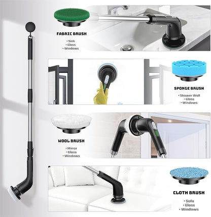Electric Spin Scrubber, 2-Speed Cleaning Brush, Extendable Handle (Black) | Includes 7 reusable brush heads and an IPX7-rated design for cleaning bathrooms, showers, kitchens, tile, floors, and grout