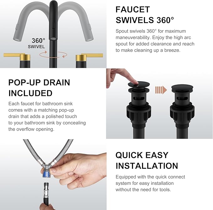 KENES Black and Gold Pull Out Widespread Bathroom Faucet 3 Hole, 8 Inch 2 Handle Bathroom Sink Faucet with Pull Down Sprayer, Vanity Faucet with Pop Up Drain and Supply Lines LJ-9068-BG