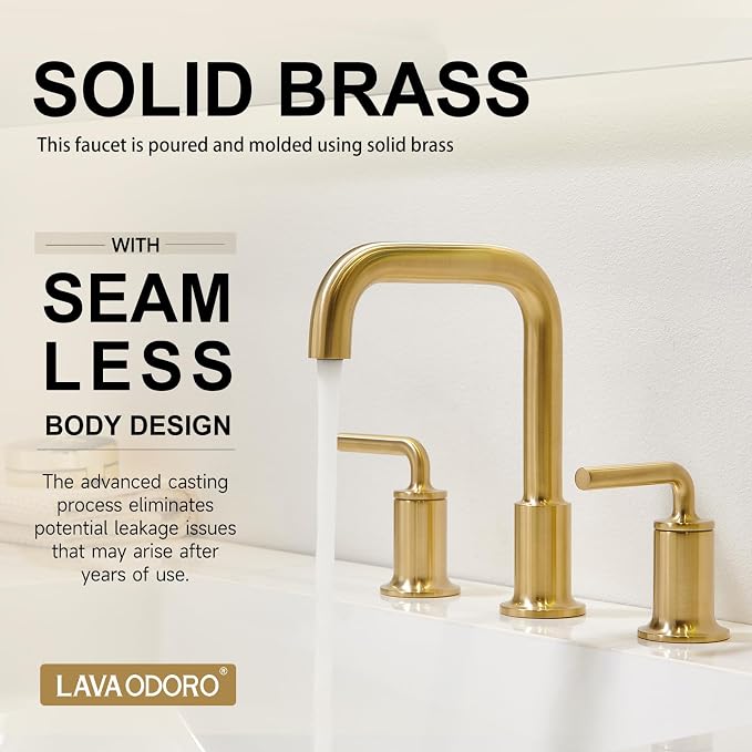 Brushed Gold Bathroom Faucet 3 Hole, Solid Brass Bath Faucet | 8 Inch Widespread Bathroom Faucet Brass Gold 2 Handle Bathroom Sink Faucet with Drain Assembly Supply Line, BF503-SG