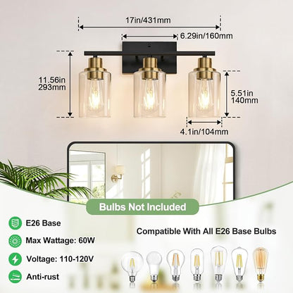 Indoi 3-Light Bathroom Light Fixtures, Black and Gold Modern Vanity Lights with Clear Glass Shades, Bathroom Wall Lamp for Mirror Living Room Cabinet Bedroom Porch