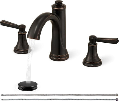 Oil Rubbed Bronze Bathroom Faucet 3 Hole, 8 Inch 2 Handles with Drain | Lead-Free Brass, Widespread Bathroom Sink Faucet, Pre-installed cUPC Supply Lines, 10 Mins Install, For Vanity Rv Farmhouse
