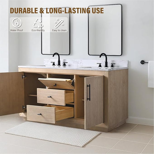 HOMEBEYOND 60 Inch Bathroom Vanity with Double Sink & Ceramic Top, MDF Material Vanity Cabinet with Basin Combo, Soft-Closing Doors, Removable Shelf, Backsplash