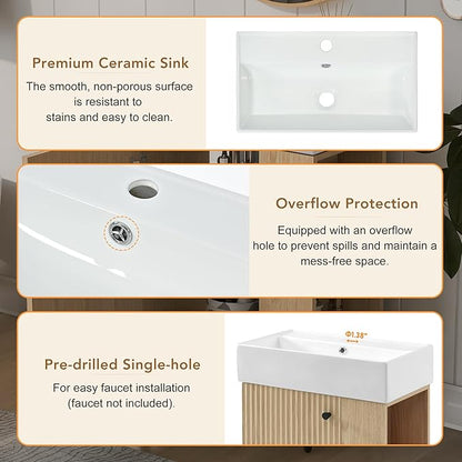 LUMISOL 21.6" Small Floating Bathroom Vanity with Sink, Wall Mounted Bathroom Vanity with One Door & Right Side Shelf, Solid Wood Narrow Bathroom Cabinet with Ceramic Sink, Natural