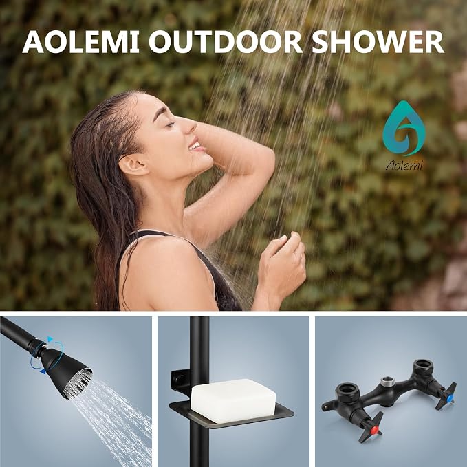 Aolemi Outdoor Shower Kit,2-Handle with Soap Dish,Matte Black | Solid Brass Showerhead and Valve,SUS304 Riser,6-Inch Centers,Soap Dish,Reversible Upward/Downward Exposed Shower Install