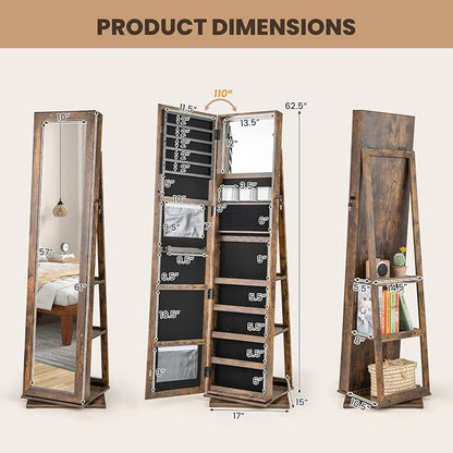 CHARMAID 3-in-1 Jewelry Armoire with Full Length Mirror, 360° Swivel Lockable Jewelry Cabinet with Shelves, Freestanding Mirror Organizer for Earrings, Necklaces, Rings, Makeup (Vintage Brown)