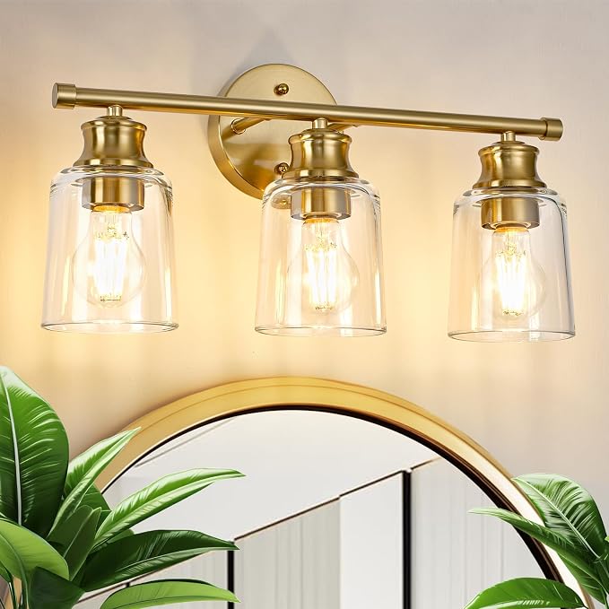 Bathroom Light Fixtures Over Mirror, 3 Lights Vanity Lights with Clear Glass Shade, 18.1" Gold Farmhouse Bathroom Wall Light Fixtures for Bedroom, Porch, Hotel, Mirror Cabinet