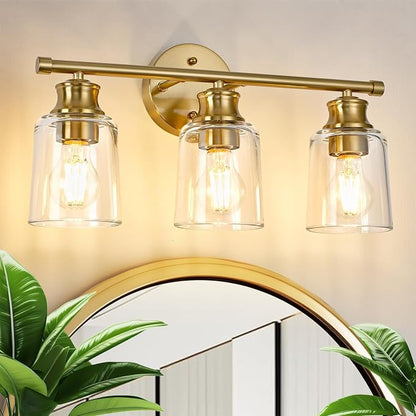 Bathroom Light Fixtures Over Mirror, 3 Lights Vanity Lights with Clear Glass Shade, 18.1" Gold Farmhouse Bathroom Wall Light Fixtures for Bedroom, Porch, Hotel, Mirror Cabinet