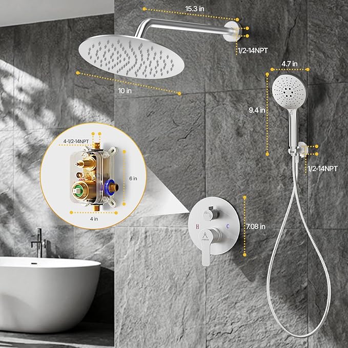 Shower Faucet Set 10IN Brass Rough-In Valve Body Trim Kit Rainfall Included Handle Accessories Complete 2 Functions with Rain Head and Handheld Bathroom Systems (10'', Brushed Nickel)