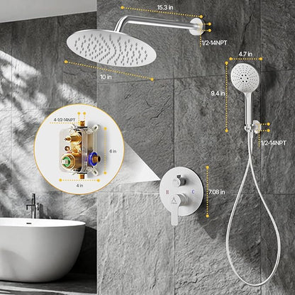 Shower Faucet Set 10IN Brass Rough-In Valve Body Trim Kit Rainfall Included Handle Accessories Complete 2 Functions with Rain Head and Handheld Bathroom Systems (10'', Brushed Nickel)