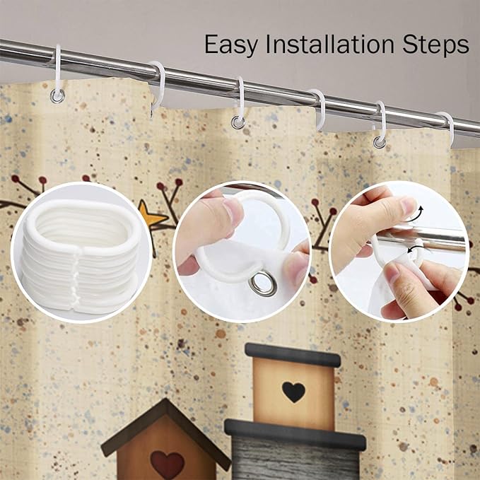 Shower Curtain, for Bathroom Decor 72 x 72 Inch, Country Primitive | Heart Pip Berry Birdhouse Waterproof Polyester Fabric Shower Curtains Set with Hooks