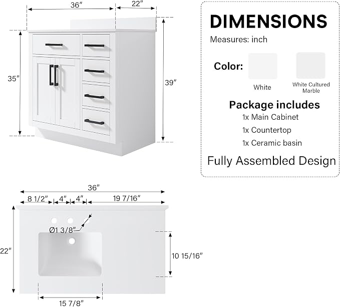 36-Inch Bathroom Vanity with Sink W/ 2 Doors & 4 Drawers & 1 Flip Drawer, White Vanity W/Matte Black Handles