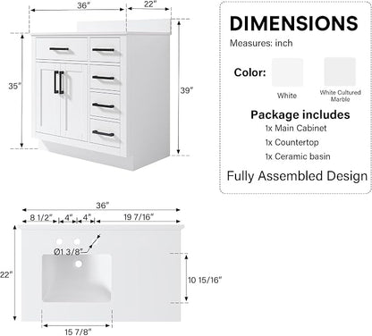 36-Inch Bathroom Vanity with Sink W/ 2 Doors & 4 Drawers & 1 Flip Drawer, White Vanity W/Matte Black Handles