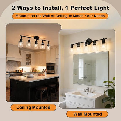 HiBay 5-Light Black Track Lighting Fixture Ceiling Flexible Glass Spotlight | Multi Directional & Foldable, Modern Farmhouse Industrial, for Kitchen, Living Room, Home Office, E26 Base