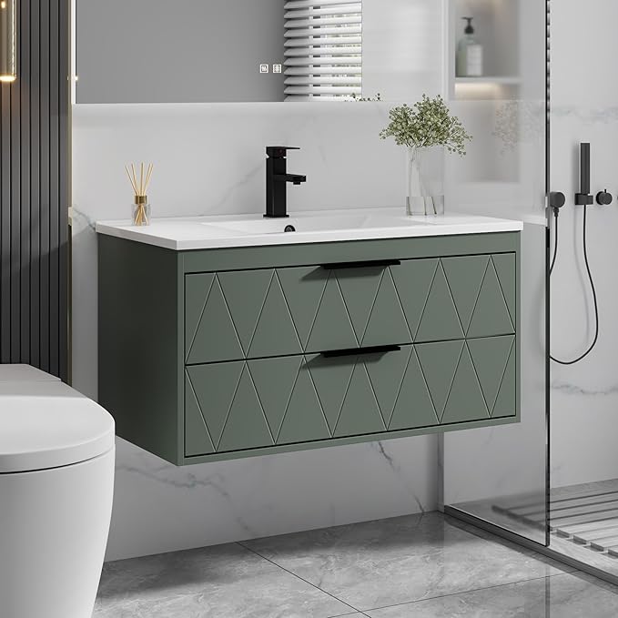 eclife 36" Bathroom Vanities Cabinet with Sink Combo, Wall Mounted Floating Cabinet W/Decor Line, Soft-Close System, 2 Extra Big Drawers, Matte Black Faucet, Gray Green