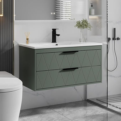 eclife 36" Bathroom Vanities Cabinet with Sink Combo, Wall Mounted Floating Cabinet W/Decor Line, Soft-Close System, 2 Extra Big Drawers, Matte Black Faucet, Gray Green