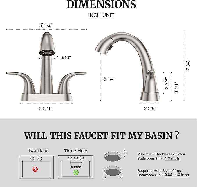 Ultimate Unicorn Brushed Nickel Bathroom Sink Faucet - 4 Inch Centerset Pull Down Vanity Faucets 3 Hole with Pop Up Drain - Two Handle Modern Washbasin Tap Set with Pull Out Sprayer for Rv Restroom