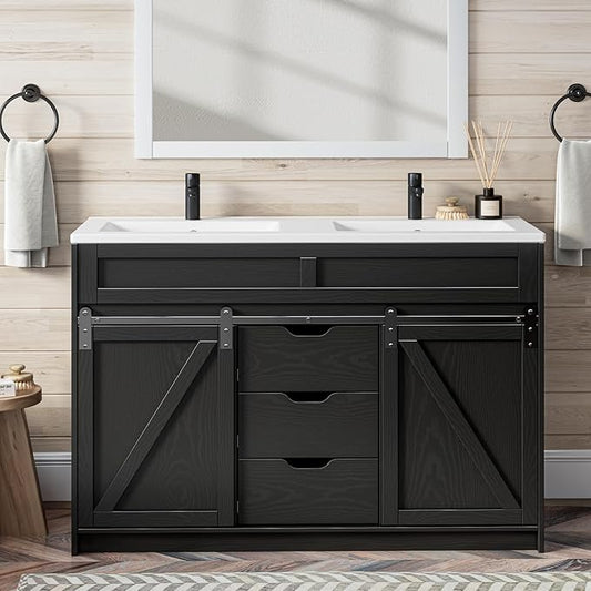 48 Inch Bathroom Vanity with Double Sink Combo, Farmhouse Bathroom Cabinet Set with Sliding Barn Door & 3 Drawers, Freestanding Bath Vanities, Black
