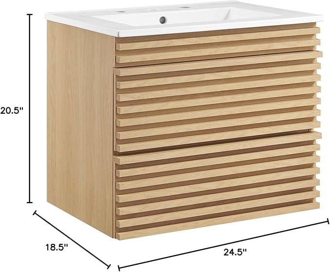 Modway Render 24" Wall-Mount Bathroom Vanity in Oak White