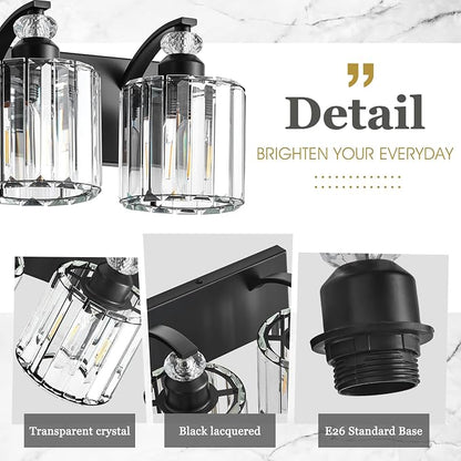 5-Light Black Bathroom Light Fixture Modern Vanity Lights Over Mirror Vintage Wall Sconce Lighting for Bathroom, Bedroom, Living Room, Hallway E26 Base with Crystal Bathroom Vanity Light