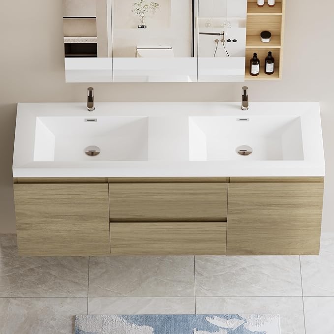 60 Inch Floating Bathroom Vanity with Double Sink, Modern Wall-Mounted Bathroom Storage Vanity Cabinet with Double Resin Top Basins and Soft Close Drawers, Natural Oak