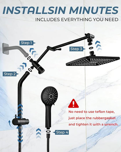 Shower Head with Handheld,High Pressure Black Slide Bar Shower Head | Regaderas Para Shower,11.8" Rectangular,Shower Head,Dual Shower Head,Bathroom Decor,Extension Arm,5 Spray Mode