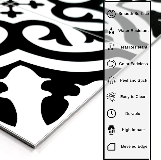The Tiles Plaza Encaustic Peel and Stick Backsplash, Black and White Patterned Vintage Stick on Tiles, Stone Composite Self-Adhesive Wall Tile Sticker for Kitchen Bathroom Fireplace Stairs, 10 Sheets