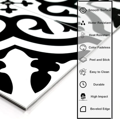 The Tiles Plaza Encaustic Peel and Stick Backsplash, Black and White Patterned Vintage Stick on Tiles, Stone Composite Self-Adhesive Wall Tile Sticker for Kitchen Bathroom Fireplace Stairs, 10 Sheets
